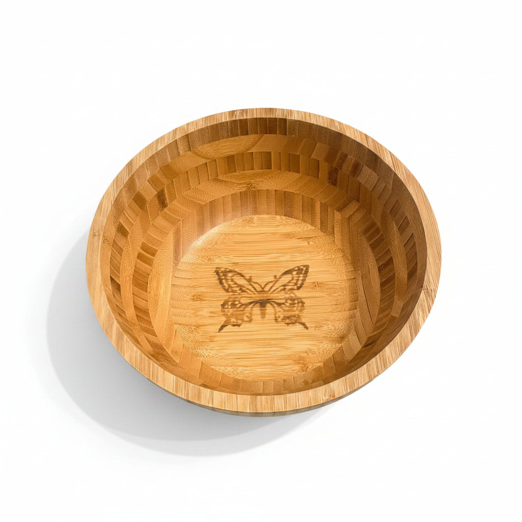 Large Bamboo Bowl with Butterfly Design - 12 Inch Natural Wood