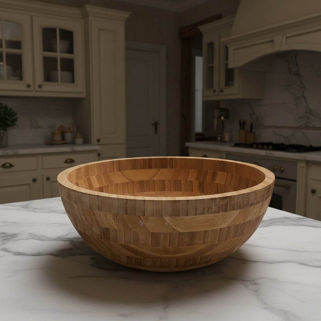 Large Bamboo Bowl with Butterfly Design - 12 Inch Natural Wood