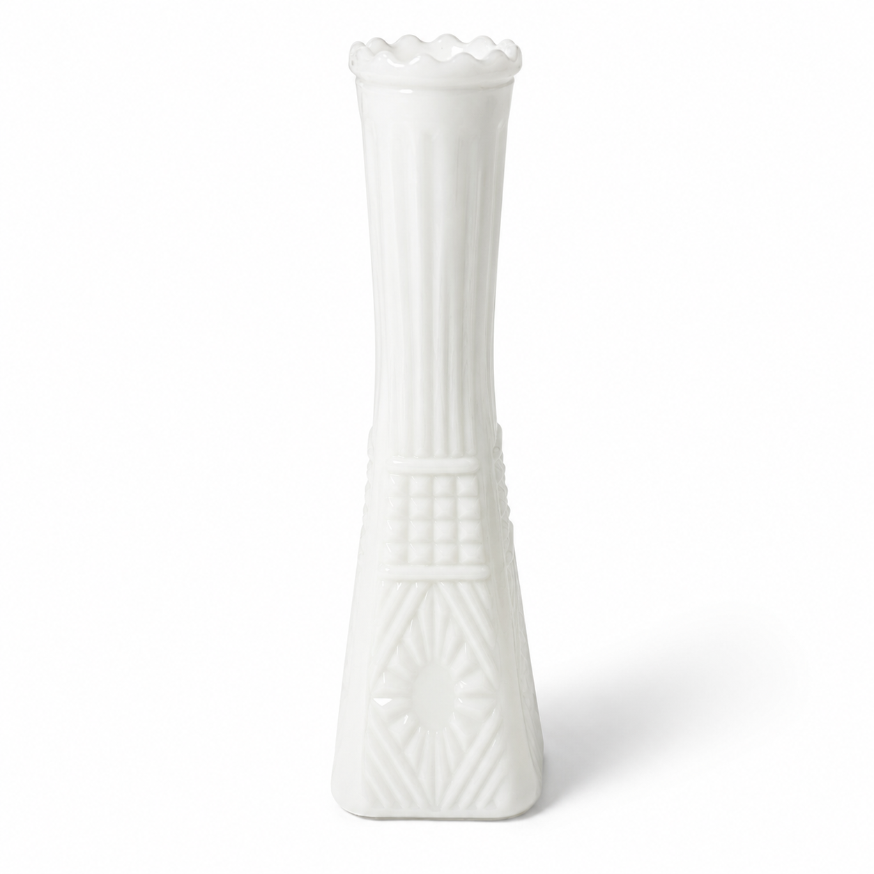 Vintage White Milk Glass Bud Vase - Art Deco Style 8.5 Inch Tall
