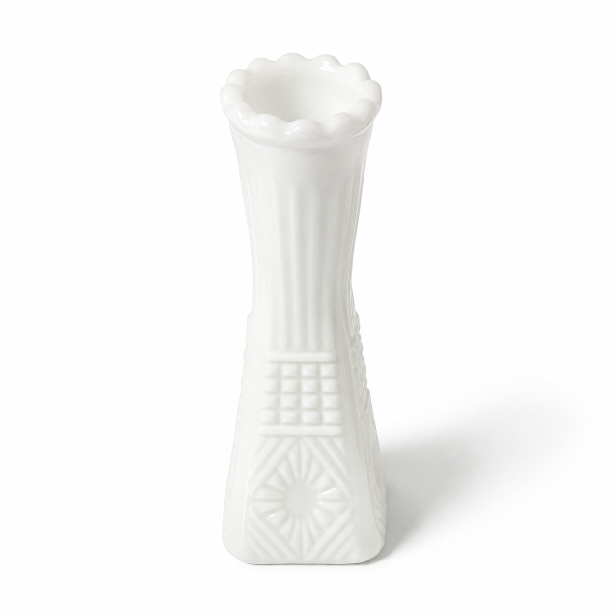 Vintage White Milk Glass Bud Vase - Art Deco Style 8.5 Inch Tall