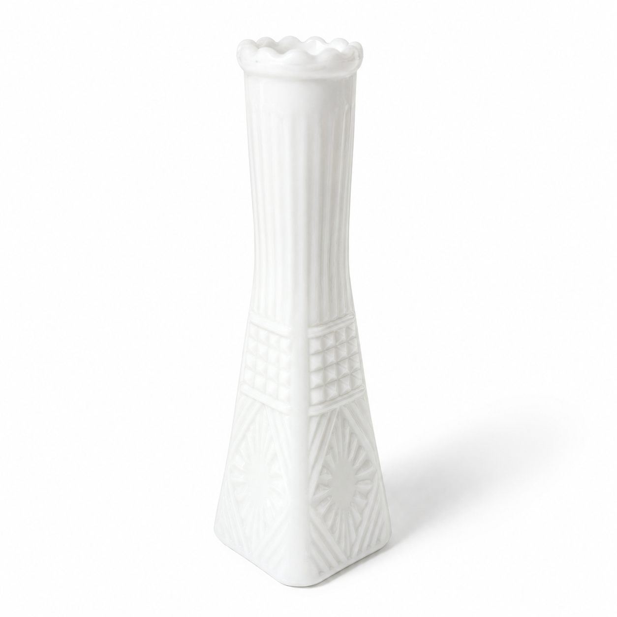 Vintage White Milk Glass Bud Vase - Art Deco Style 8.5 Inch Tall