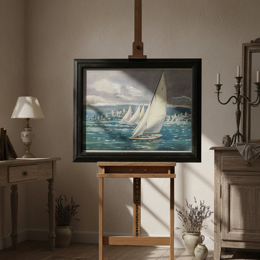 1959 Millard Sheets Framed Print "Sailing San Francisco Bay" United Air Lines