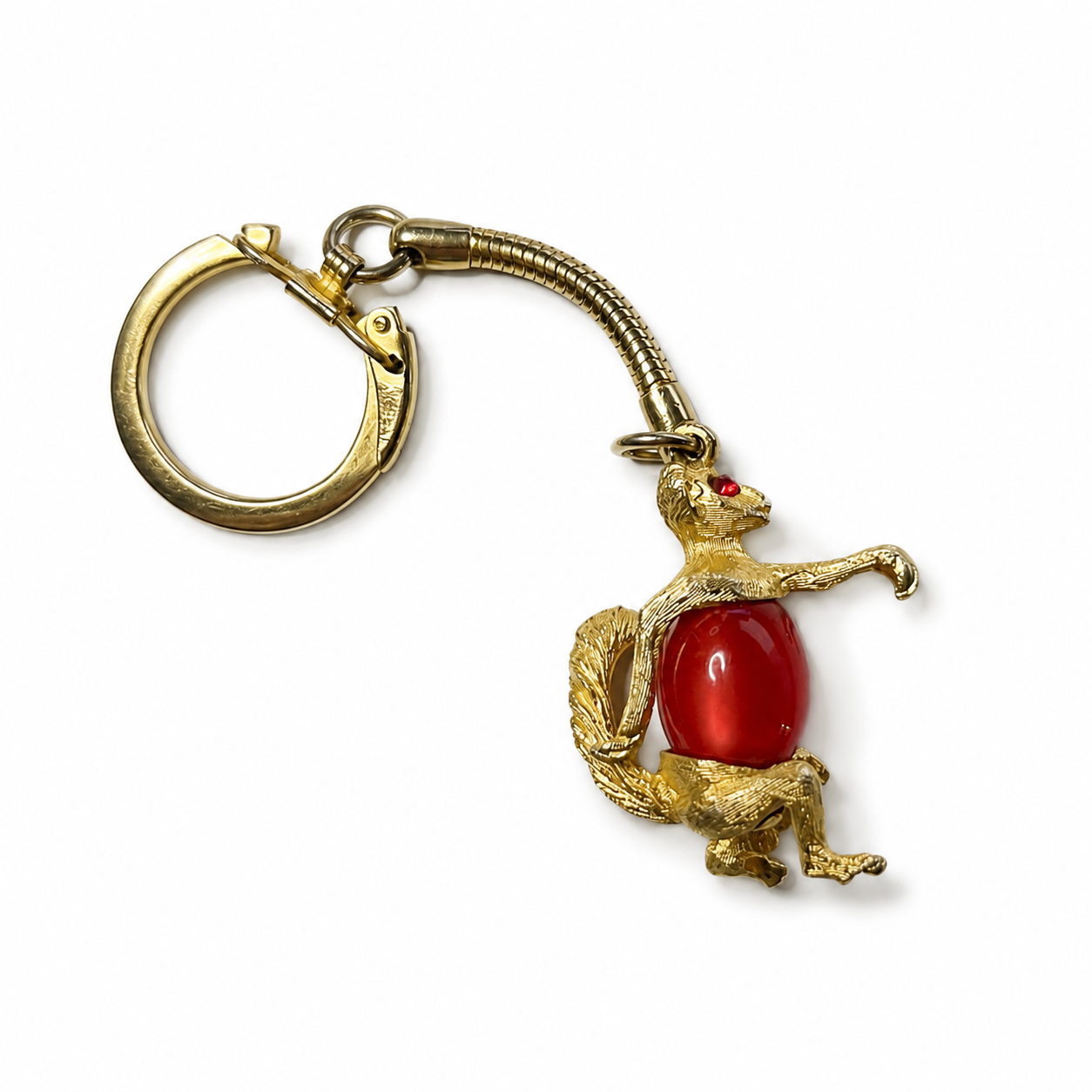 Vintage Gold Tone Monkey Keychain with Red Belly and Rhinestone Eyes