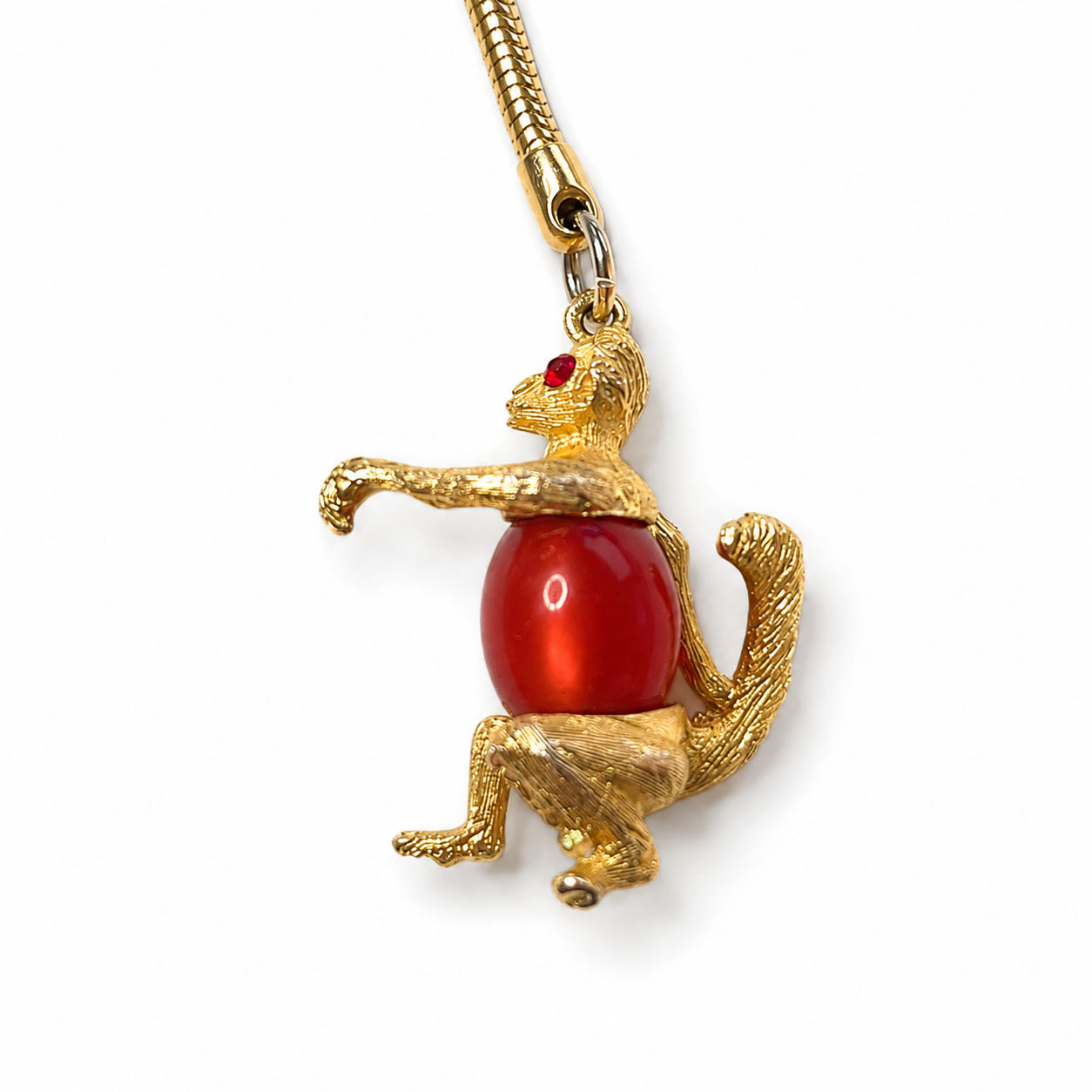 Vintage Gold Tone Monkey Keychain with Red Belly and Rhinestone Eyes