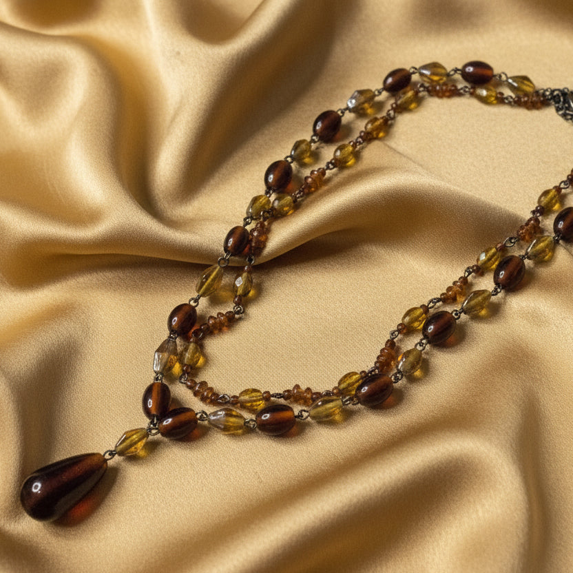 Vintage Amber & Yellow Glass Beaded Necklace – Double Strand