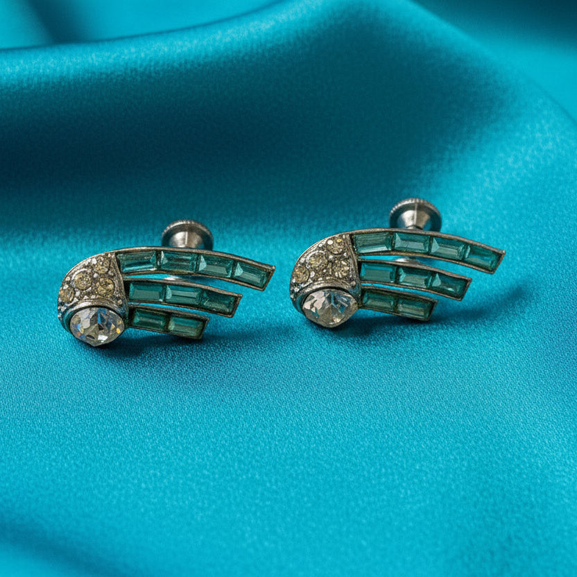 Vintage Nemo Blue & Clear Rhinestone Earrings | Silver Tone Screw-Back