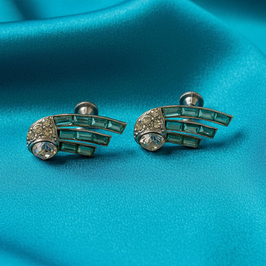 Vintage Nemo Blue & Clear Rhinestone Earrings | Silver Tone Screw-Back