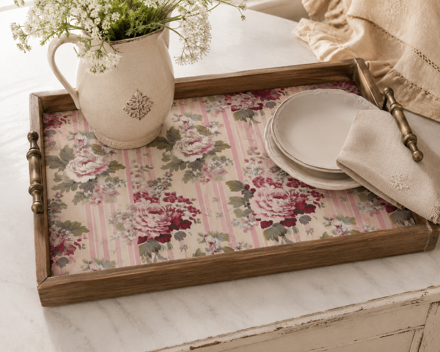 JRV Pink Rose Wallpaper A4 Rice Paper - Vintage Floral 8.25" x 11.6"