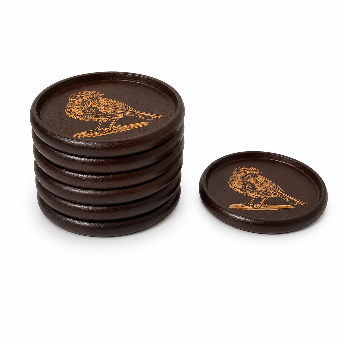 Vintage Redbreast Wooden Coaster Set of 8 - Engraved Robin Barware