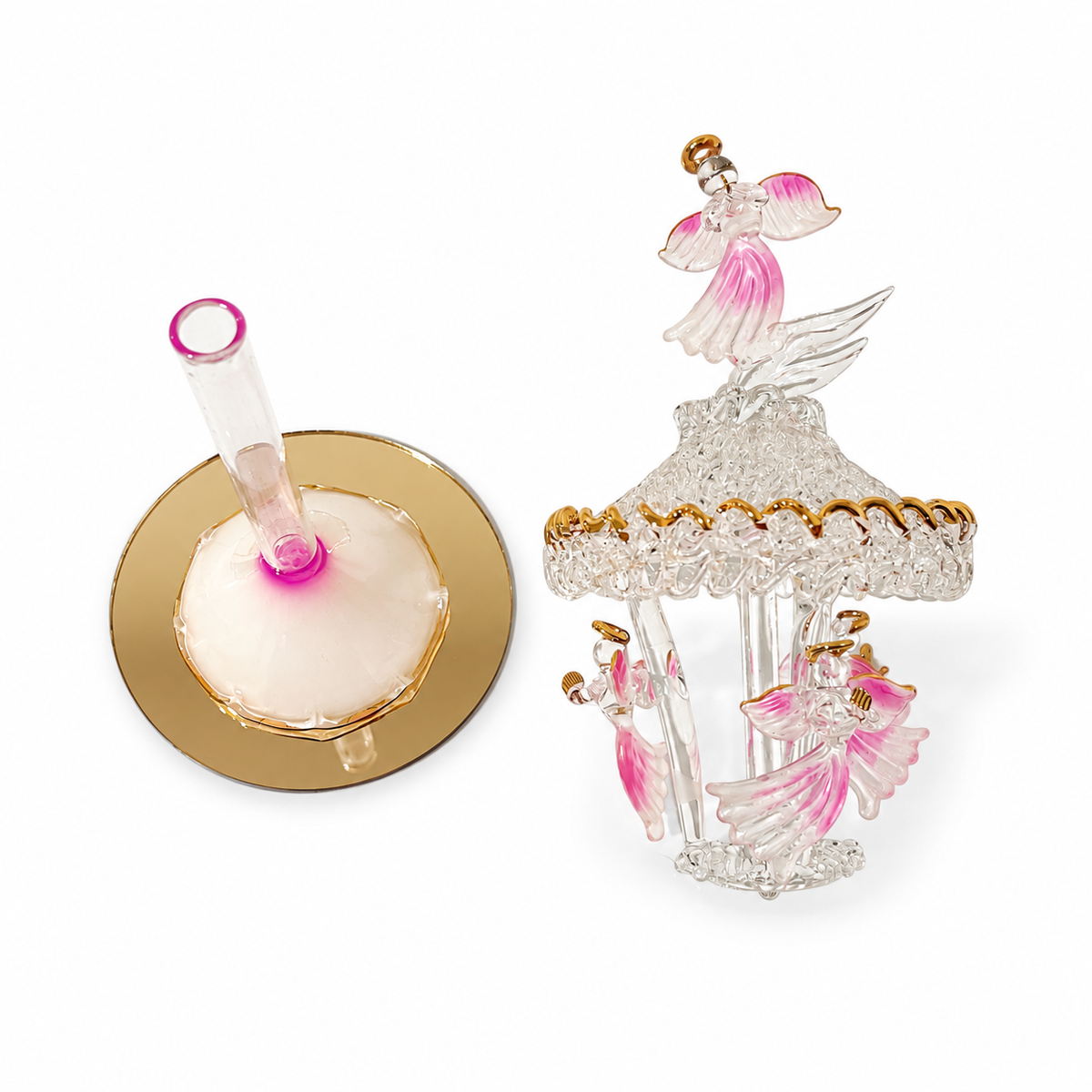 Vintage Spun Glass Angel Carousel Figurine 6.5" Tall – Pink and Gold