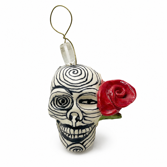 Clay Sugar Skull Ornament with Red Rose & Wire Hanger - Seasonal Decor
