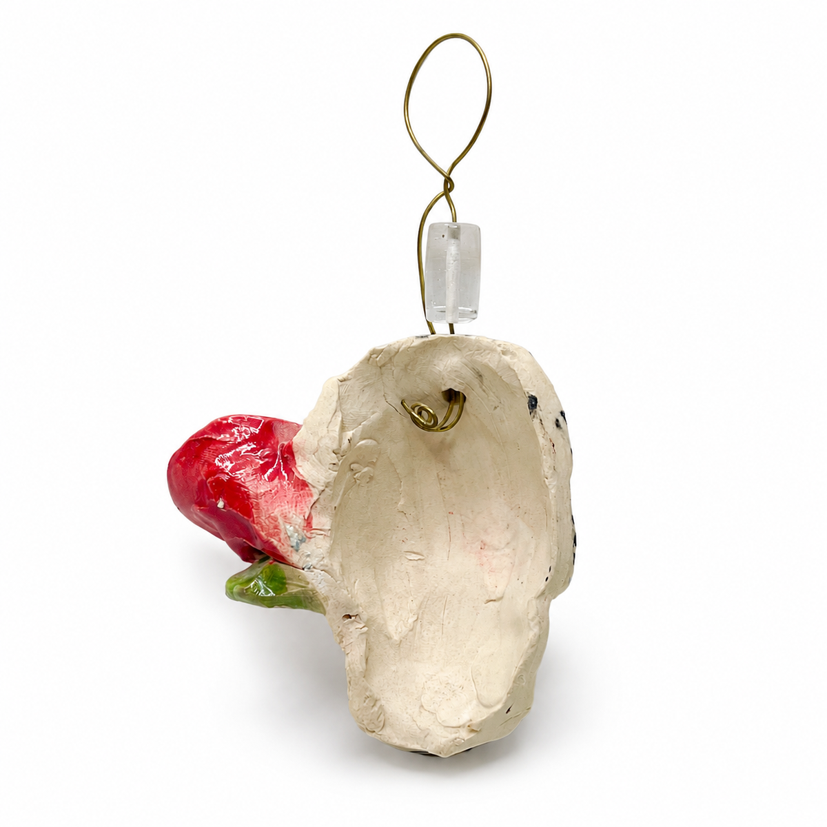 Clay Sugar Skull Ornament with Red Rose & Wire Hanger - Seasonal Decor