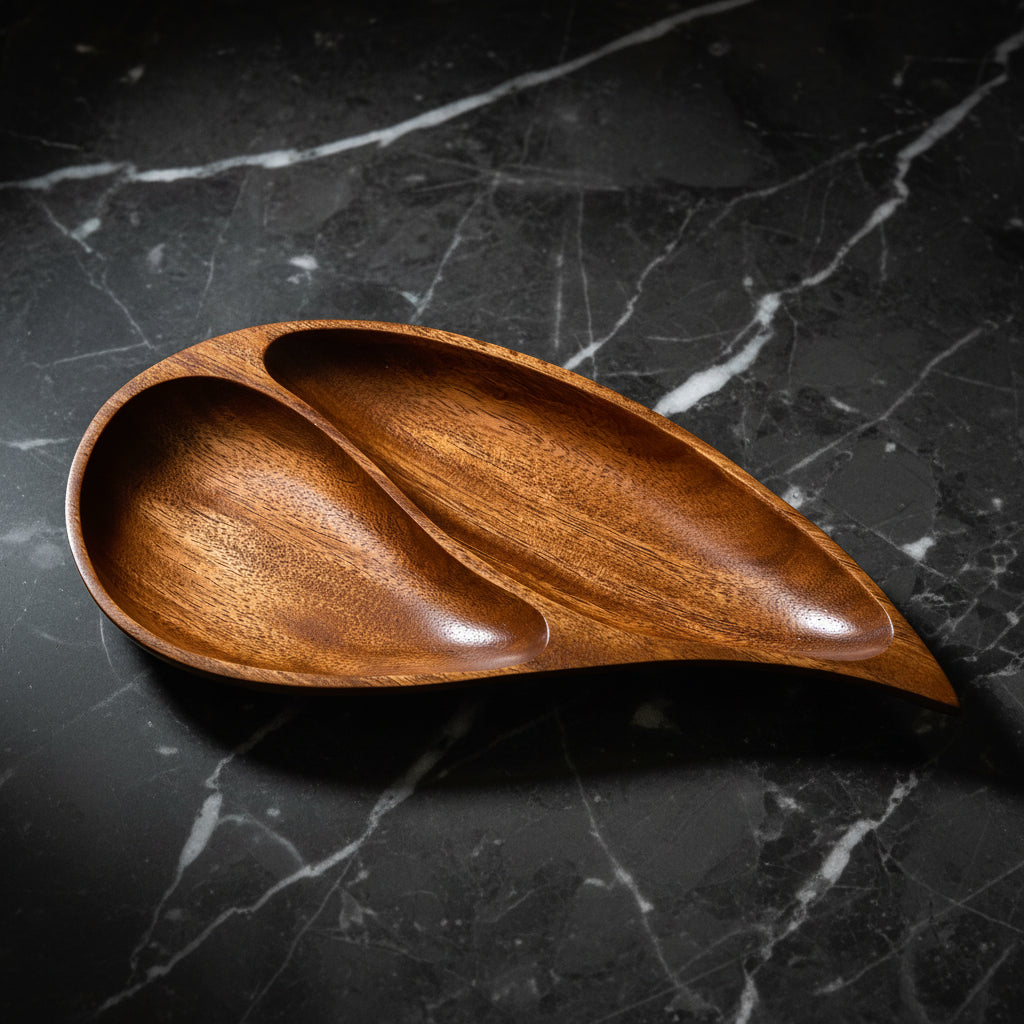 1970s Monkey Pod Wood Teardrop Tray with Two Compartments Philippines