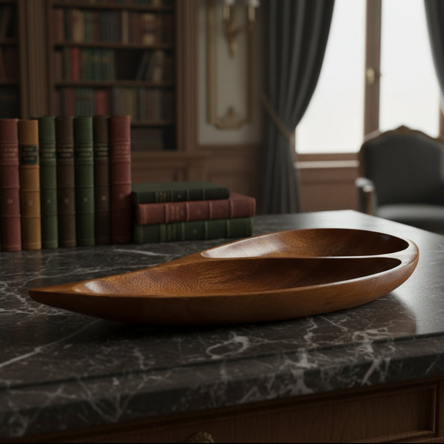 1970s Monkey Pod Wood Teardrop Tray with Two Compartments Philippines