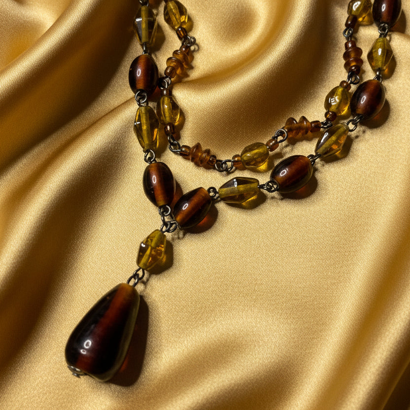 Vintage Amber & Yellow Glass Beaded Necklace – Double Strand