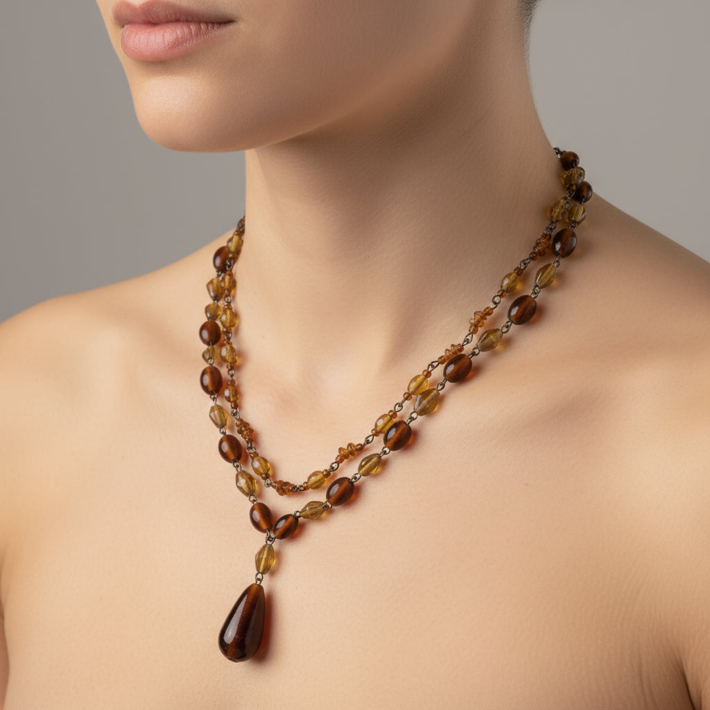 Vintage Amber & Yellow Glass Beaded Necklace – Double Strand