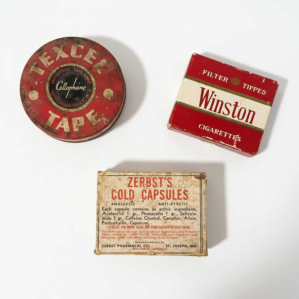 Vintage Packaging Set - Winston, Texcel Tape, Zerbst's Cold Capsules