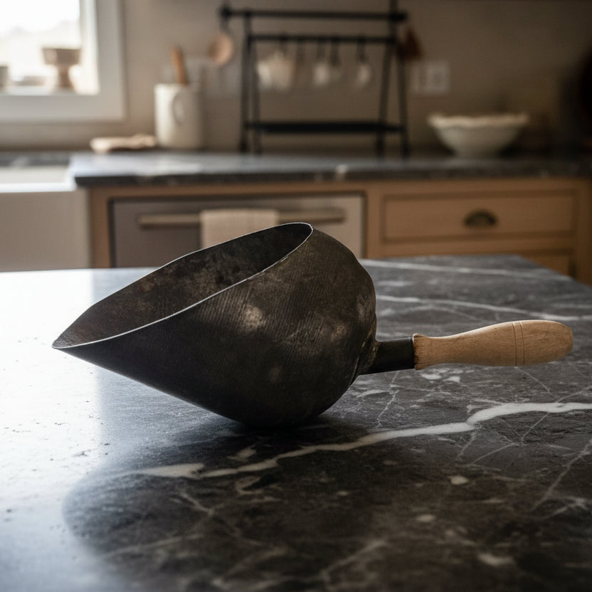 Antique Grain Scoop with Wood Handle - Primitive Metal Farm Tool USA