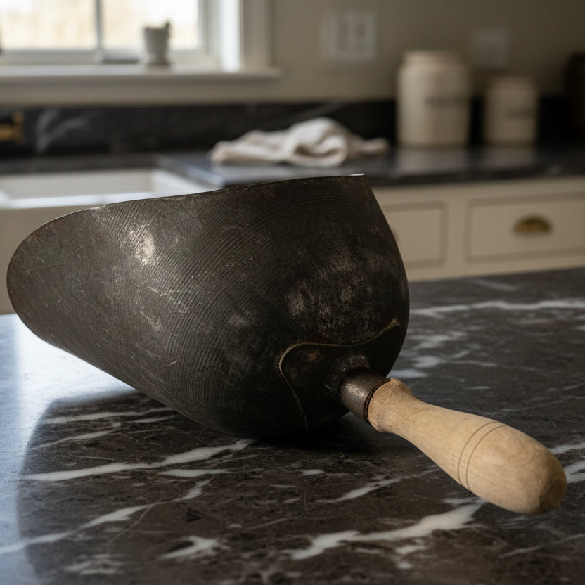 Antique Grain Scoop with Wood Handle - Primitive Metal Farm Tool USA