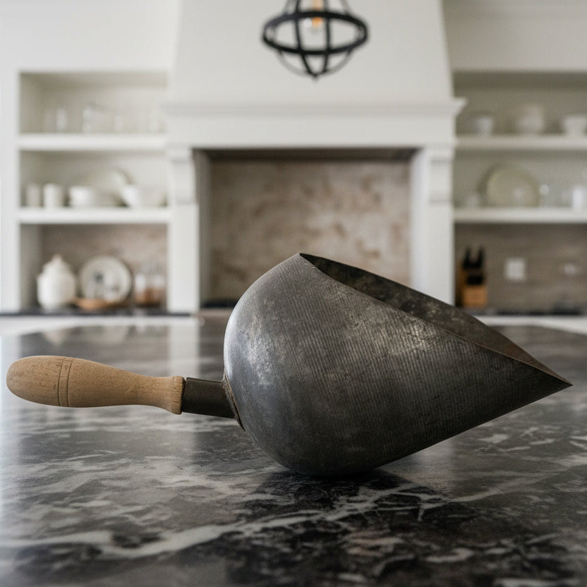 Antique Grain Scoop with Wood Handle - Primitive Metal Farm Tool USA