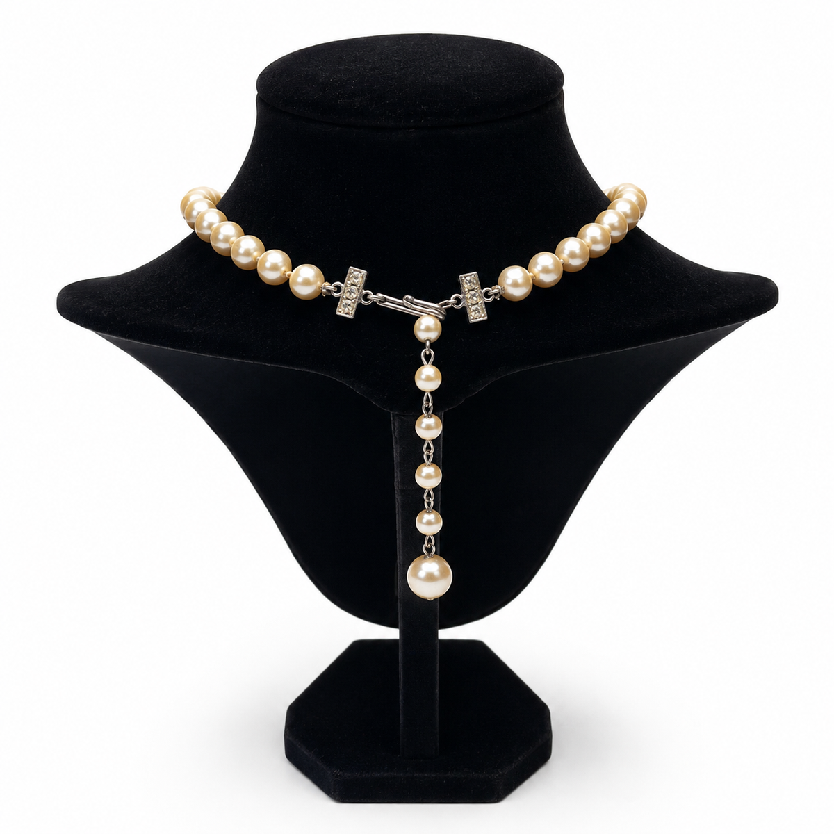 Vintage Faux Ivory Pearl & Rhinestone Necklace 19" Adjustable Length