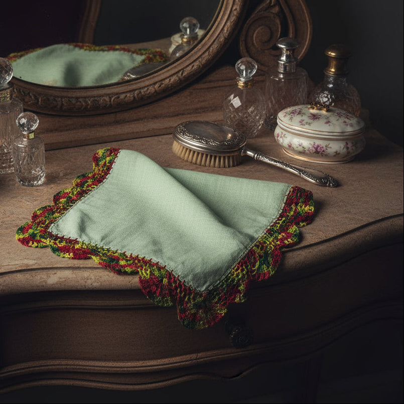 Vintage Green Linen Handkerchief with Crocheted Edge 13.25 Inch Square