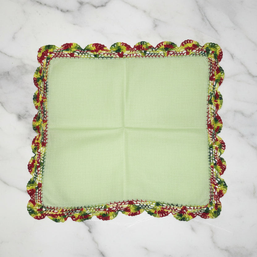 Vintage Green Linen Handkerchief with Crocheted Edge 13.25 Inch Square
