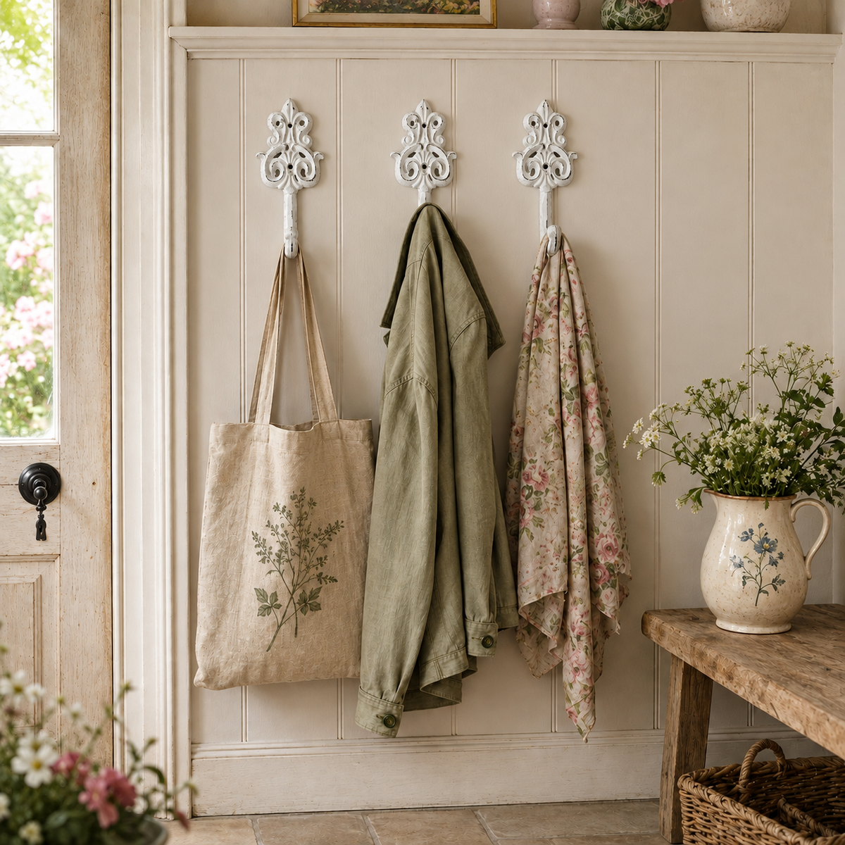 Set of 3 White Distressed Cast Iron Wall Hooks - Cottage Farmhouse