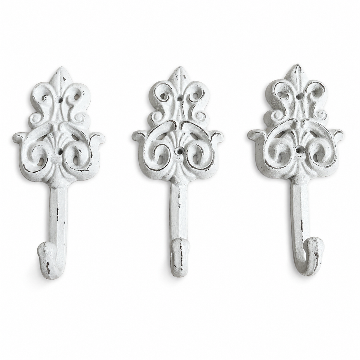 Set of 3 White Distressed Cast Iron Wall Hooks - Cottage Farmhouse