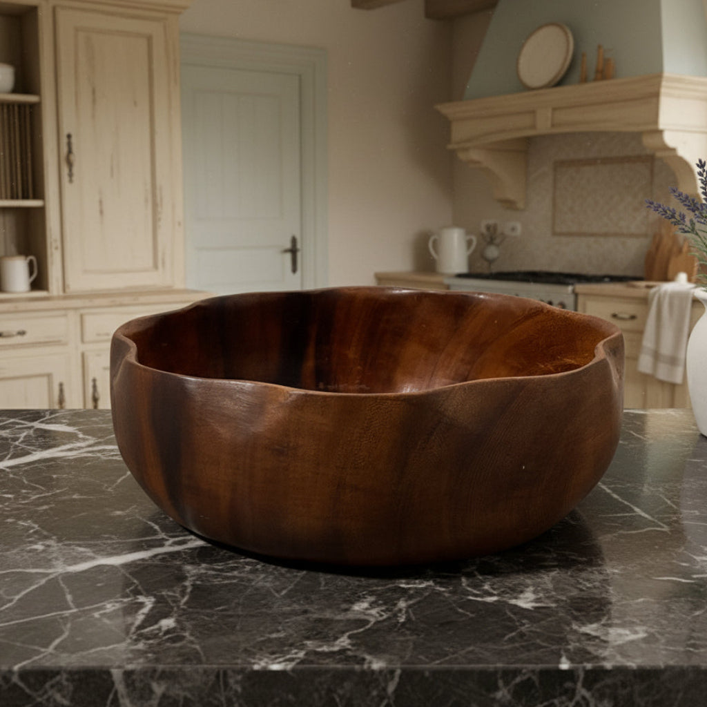 Vintage Solid Wood Bowl - 11.5 Inch Brown Farmhouse Tableware