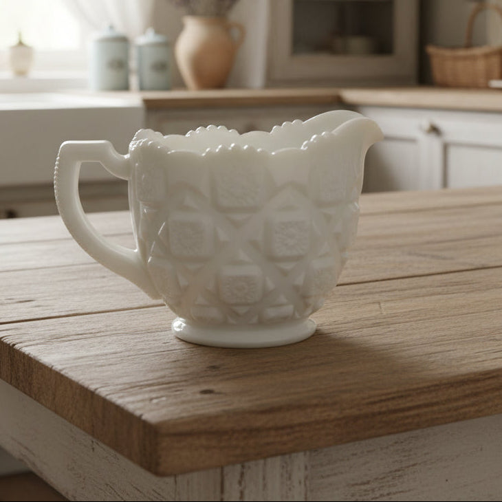 1940s Old Quilt Milk Glass Creamer by Westmoreland-Westmoreland-Milk Glass-Stockton Farm